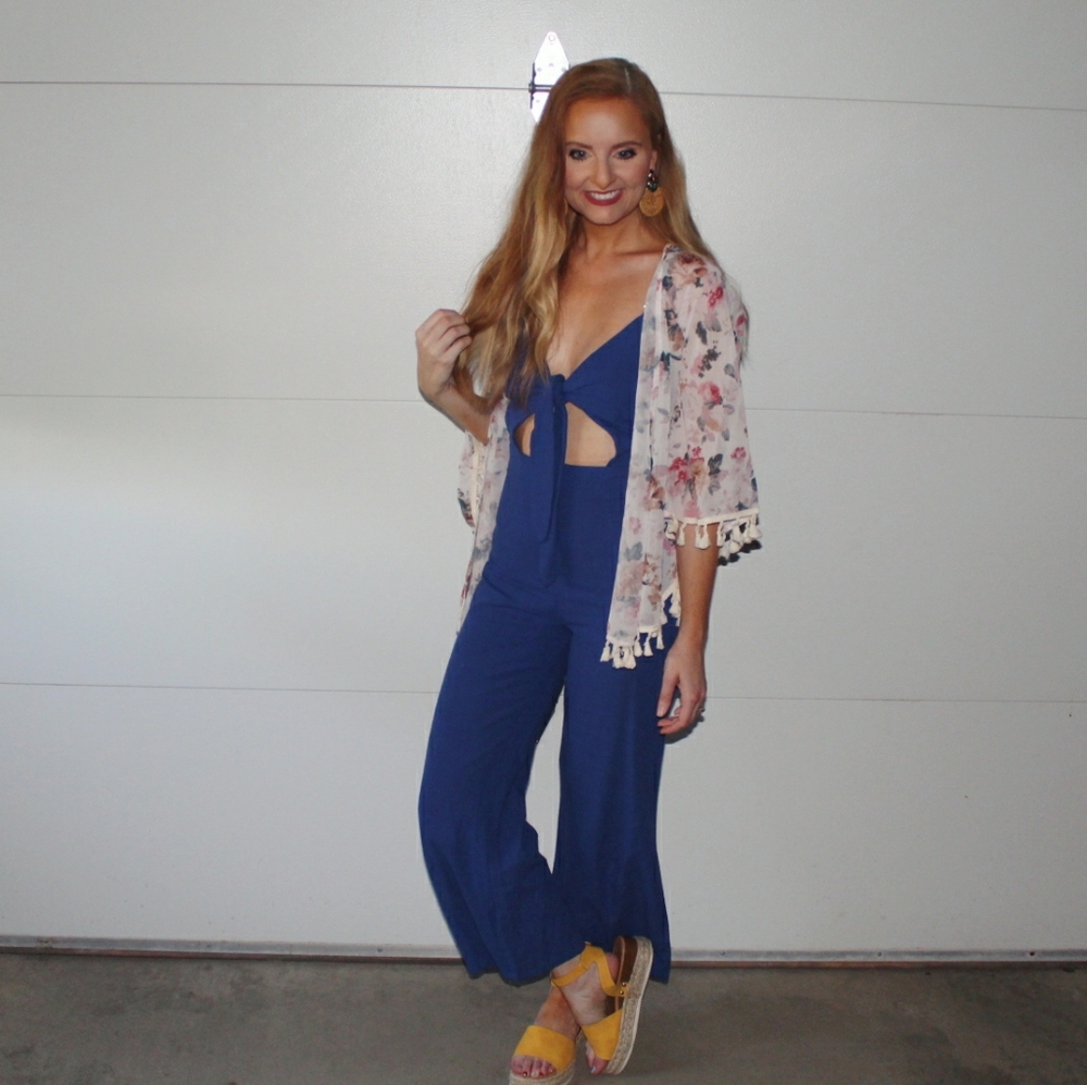 Blue tie front jumpsuit